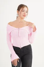 Madonna Yaka Full Fermuarlı Toptan Pembe Triko Bluz