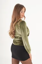 Yandan Tokalı Kadife Haki Toptan Bluz