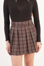 Pileli Yüksek Bel Astarı Şortlu Toptan Kahve Mini Etek