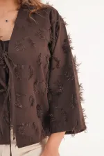 Saçaklı İp Bağlamalı Toptan Kahve Kimono