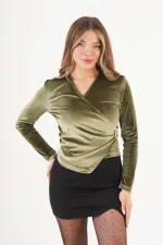 Yandan Tokalı Kadife Haki Toptan Bluz