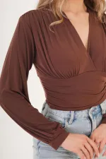 Göğüs Drapeli V Yaka Kahve Toptan Bluz