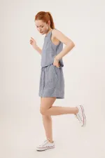 Arkası Düğme Detaylı Bluz Ve Cepli Şort İkili Toptan İndigo Takım