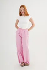 Bel Lastikli Paça Detaylı Cepli Toptan Pembe Pantolon