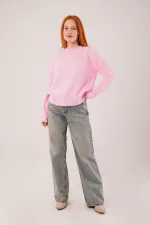 Bisiklet Yaka Düz Model Pembe Triko Toptan Kazak