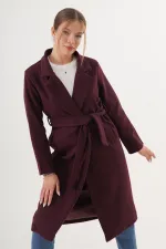 Beli Kuşaklı Astarlı Toptan Bordo Kaşe Kaban