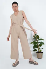 Arkası Fermuarlı Beli Kuşaklı Toptan Vizon Tulum