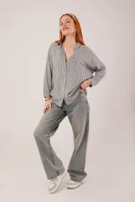 Cep Detay Gri Oversize Çizgili Toptan Gömlek