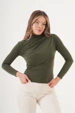 Omuz Ve Bel Büzgülü Dik Yaka Toptan Haki Bluz
