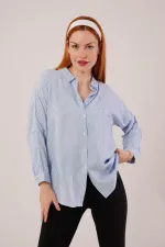 Cep Detay Mavi Oversize Çizgili Toptan Gömlek