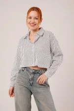 Crop Model Cepli Ve Çizgili Beyaz Toptan Gömlek