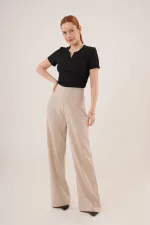 Bol Paça Yandan Fermuarlı Toptan Krem Kumaş Pantolon