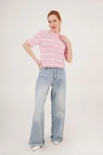 Çizgili Kısa Kol Pembe Toptan Bluz