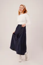Çan Kesim Midi Lacivert Toptan Saten Etek