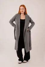 Beli Kuşaklı Astarlı Toptan Antrasit Kaşe Kaban