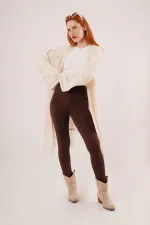 Cardigan long en maille perforée à pompons de transition, couleur crème, en gros