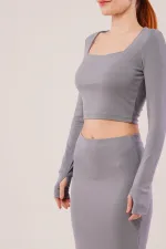 Kare Yaka Bluz Ve Yırtmaç Detaylı Etek Toptan İkili Gri Takım