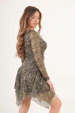 Desenli Asimetrik Kesim Tüllü Toptan Haki Elbise