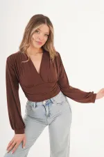Göğüs Drapeli V Yaka Kahve Toptan Bluz
