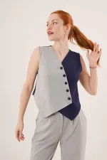 Çapraz Model Düğmeli Lacivert Toptan Yelek