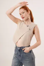 Double Buttoned Cross Model Beige Wholesale Vest