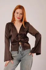 Önden Bağlama Detaylı Saten Toptan Kahverengi Bluz