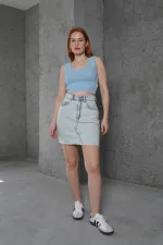 Eteği Püskül Detaylı Mavi Toptan Etek