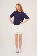 Chemisier en maille fine bleu marine à manches mi-longues et col rond en lycra