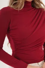 Omuz Ve Bel Büzgülü Dik Yaka Toptan Bordo Bluz