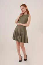 Sıfır Kol Pileli Toptan Haki Mini Elbise