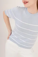 Çizgili Kısa Kol Bebe Mavisi Toptan Bluz