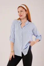 Cep Detay Mavi Oversize Çizgili Toptan Gömlek