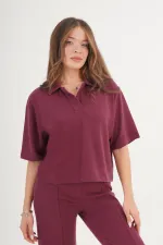 Gömlek Yaka Kısa Kol Bordo Toptan Bluz