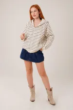 Kapüşonlu Fermuarlı Çizgili Toptan Taş Hırka