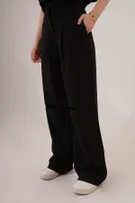 Cepli Düğmeli Bluz Ve Diz Detaylı Pantolon Siyah Toptan İkili Takım