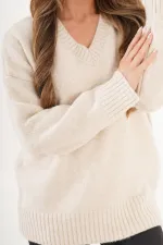 Pull en maille côtelée épaisse à col en V orné de pierres, en gros