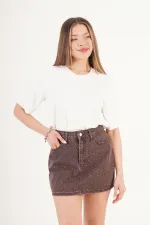 Taş İşlemeli Işıltılı Kahve Toptan Mini Denim Etek