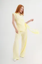 Double Breasted Shirt Blouse and Trousers Wholesale Yellow Suit