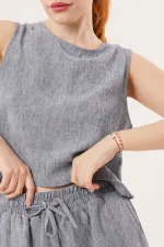 Arkası Düğme Detaylı Bluz Ve Cepli Şort İkili Toptan İndigo Takım