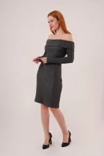 Madonna Yaka Fitilli Toptan Antrasit Triko Elbise