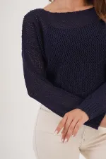 Wholesale Navy Blue Knitted Blouse with Wide Collar