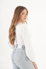 Göğüs Drapeli V Yaka Beyaz Toptan Bluz