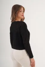 File Geniş Yaka Toptan Siyah Örme Bluz