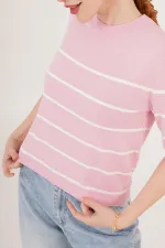 Çizgili Kısa Kol Pembe Toptan Bluz