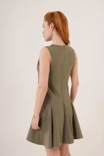 Sıfır Kol Pileli Toptan Haki Mini Elbise