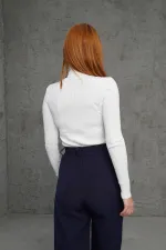 Boğazlı Fitil Detaylı Toptan Triko Beyaz Kazak