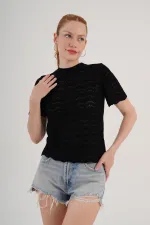 Knitted Model Short Sleeve Wholesale Black Knitwear Blouse