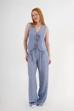 Ön Bağlama Detaylı Yelek Ve Pantolon İndigo Toptan İkili Takım