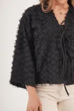 Full Saçaklı İp Bağlamalı Toptan Siyah Kimono