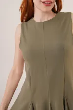 Sıfır Kol Pileli Toptan Haki Mini Elbise